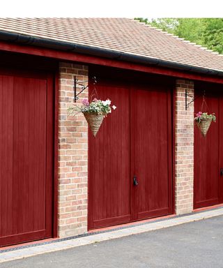 Exterior shot showing a garage door painted in a Ronseal colour