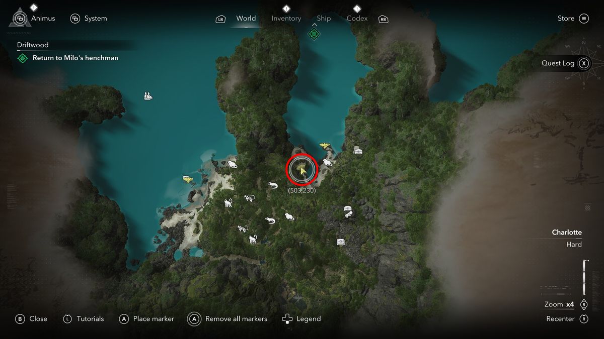 Black Flag treasure maps: A screenshot of the map with a red circle highlighting the location of the Long Bay buried chest.