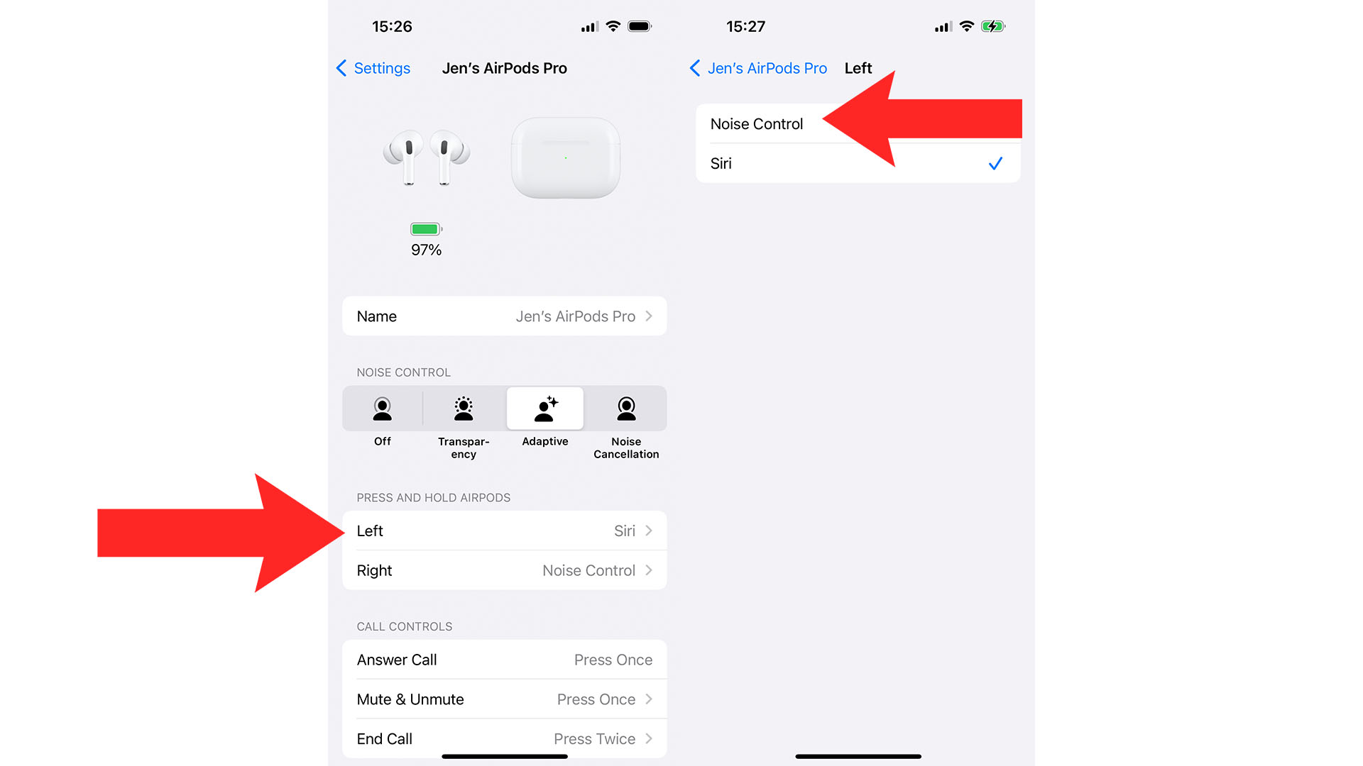 Steps for changing Siri settings on AirPods.