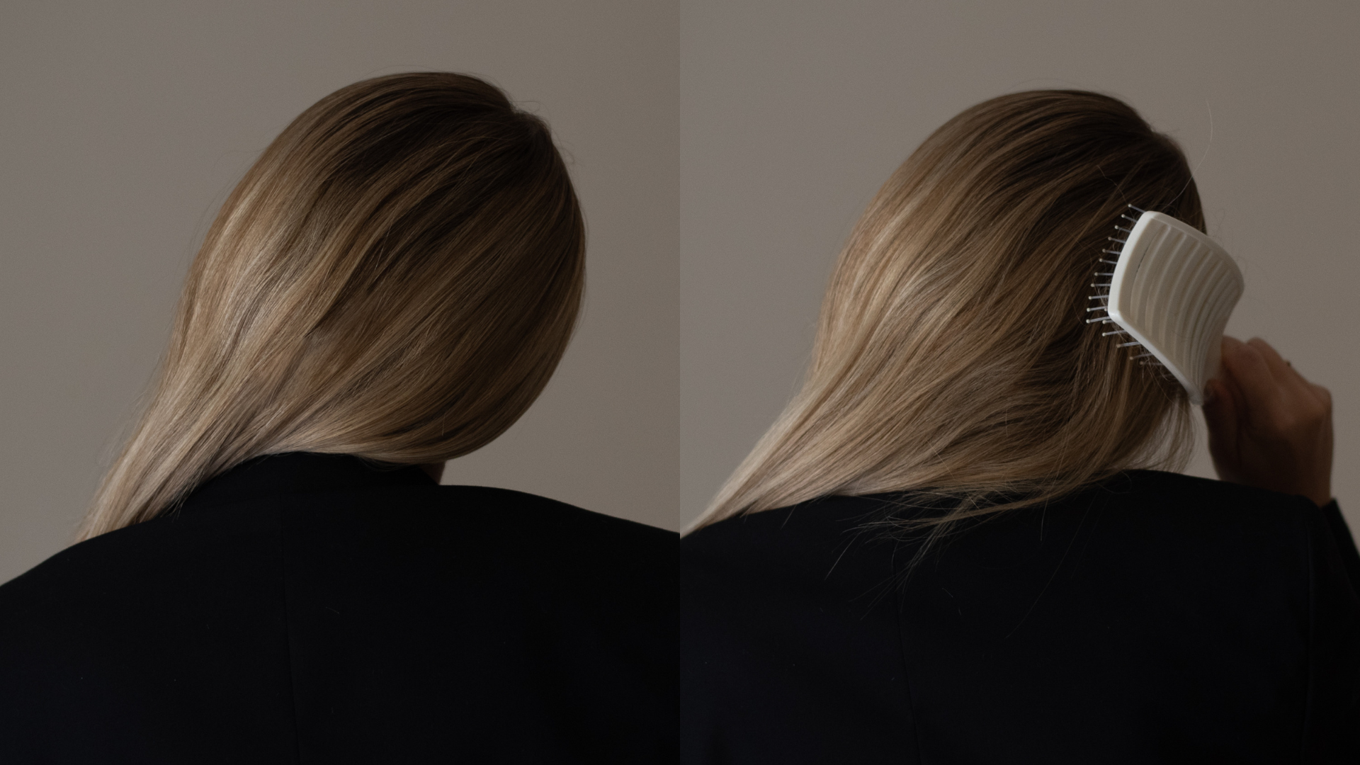 Woman with long, glossy liquid hair in soft studio lighting