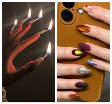 a two-part grid of two manicures, one has flames and is dark and moody, the second has multi-colored nails and is holding a brown phone