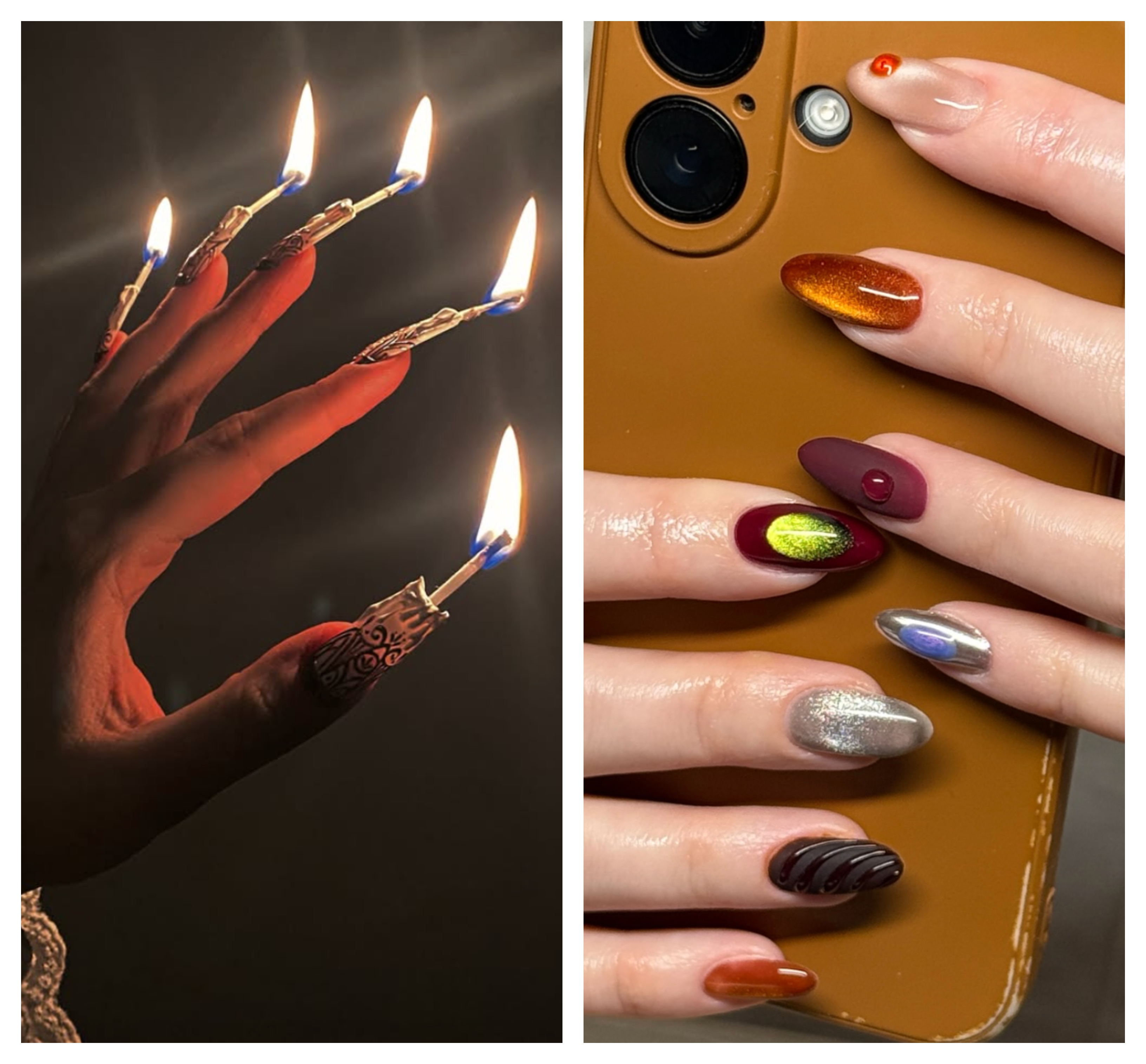 a two-part grid of two manicures, one has flames and is dark and moody, the second has multi-colored nails and is holding a brown phone