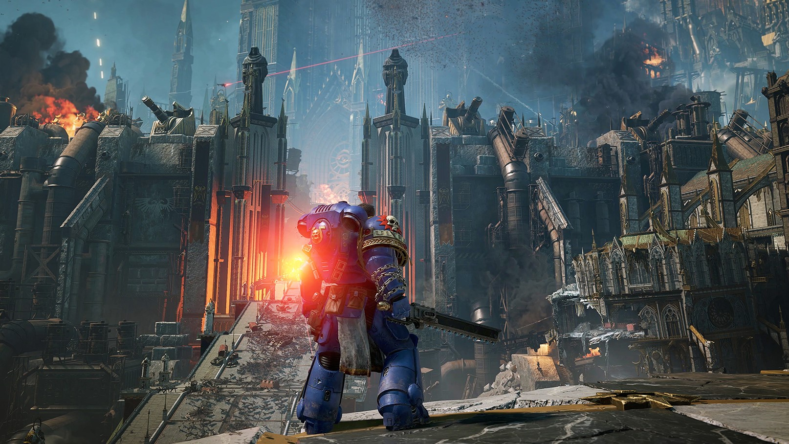 Screenshot from Warhammer 40,000 Space Marine 2 showing an Ultramarine in front of an epic city wall