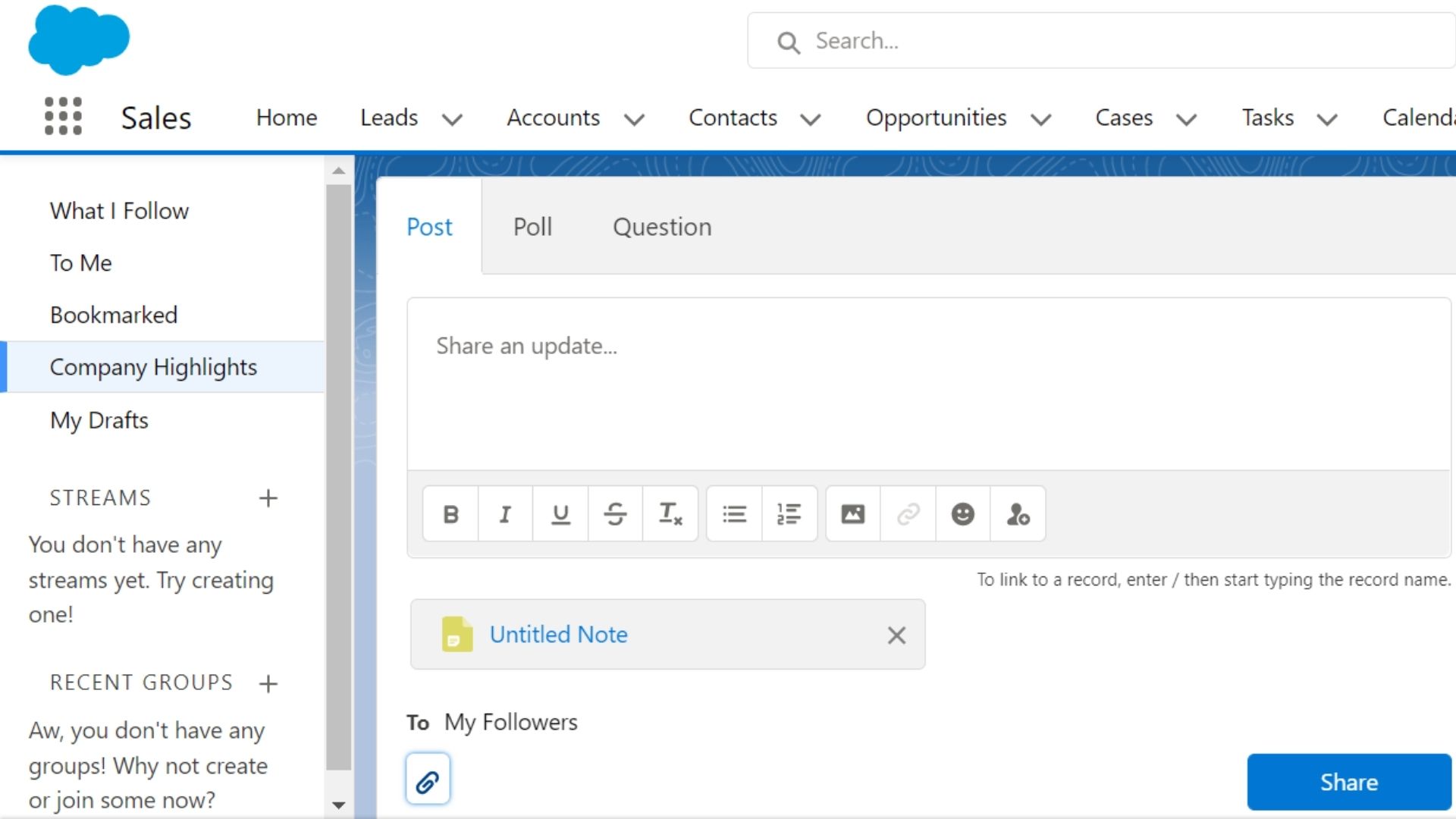 Desktop screenshot of Salesforce Chatter when creating a post