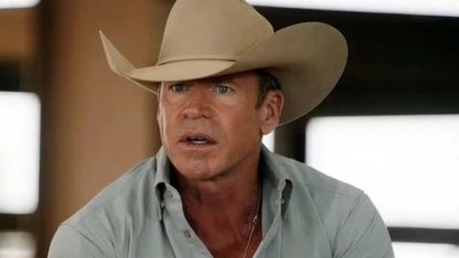 Taylor Sheridan wearing a beige cowboy hat