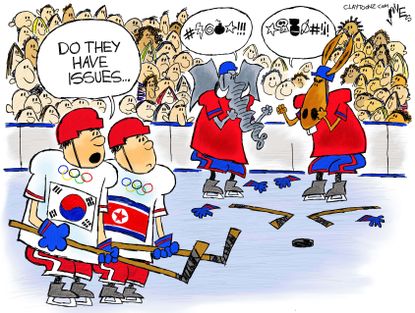 Political cartoon U.S. government shutdown Olympics partisanship North Korea unity