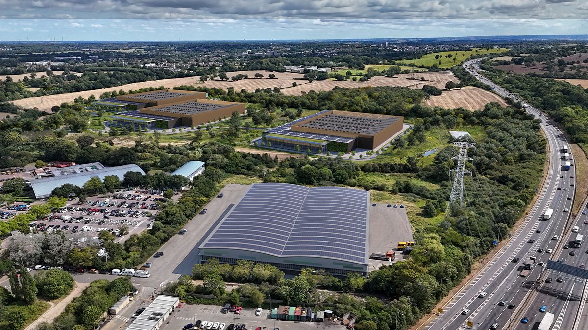 Aerial view of the DC01UK data center in South Mimms, Hertfordshire.