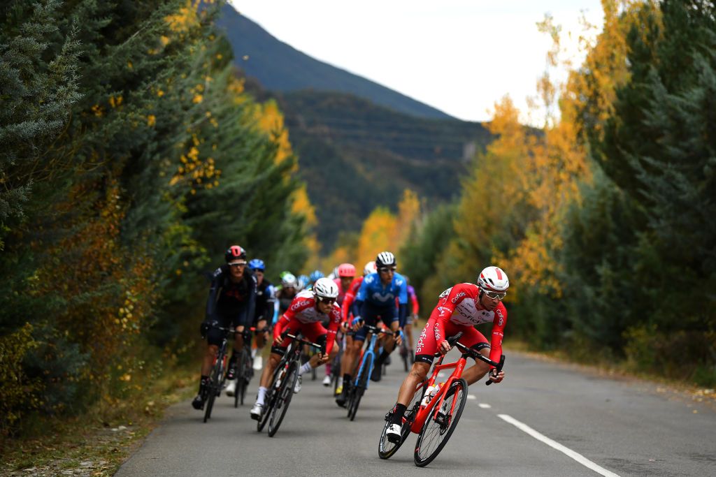 SALLENT DE GLLEGO SPAIN OCTOBER 25 PierreLuc Perichon of France and Team Cofidis Solutions Credits Guillaume Martin of France and Team Cofidis Solutions Credits Carlos Verona Quintanilla of Spain and Movistar Team Peloton Forest Autumn during the 75th Tour of Spain 2020 Stage 6 a 1464km stage from Biescas to Sallent de Gllego Aramn Formigal 1790m lavuelta LaVuelta20 La Vuelta on October 25 2020 in Sallent de Gllego Spain Photo by David RamosGetty Images