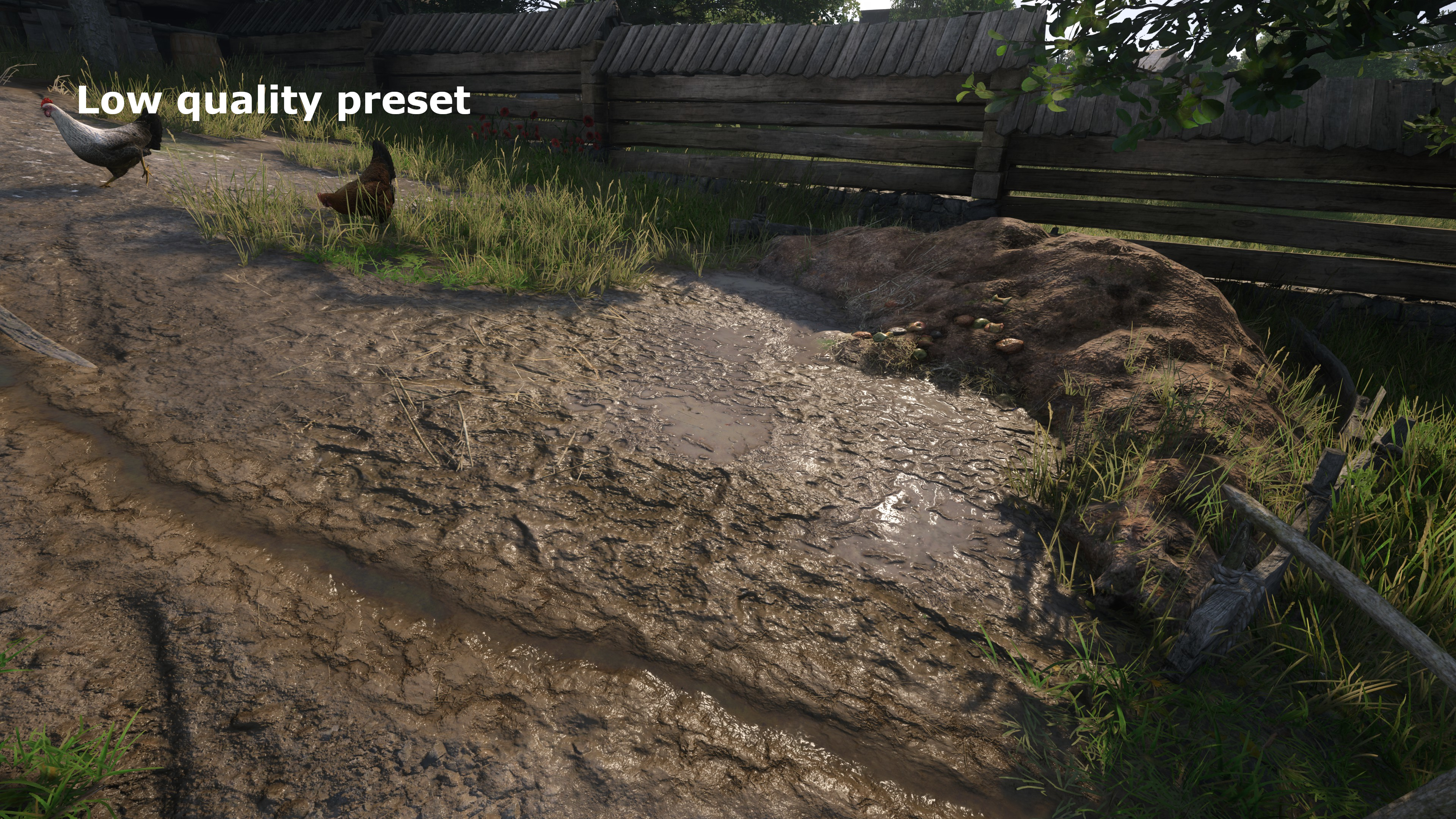 A screenshot from Kingdom Come: Deliverance 2 showing the graphics with using the Low quality preset