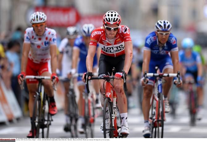 Jurgen Van den Broeck (Lotto-Belisol) crashed in the final kilometre