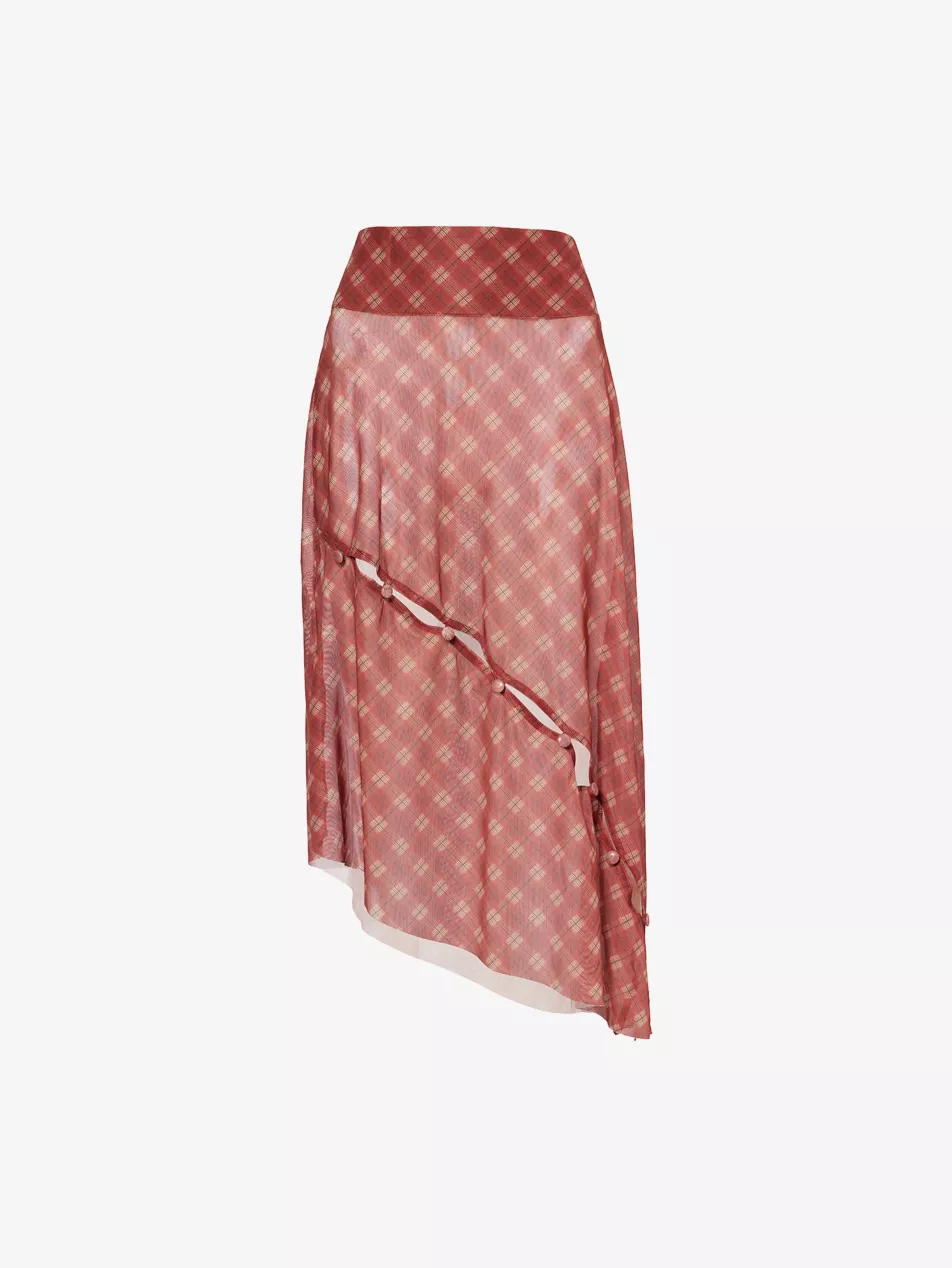 Retro Check Asymmetric Stretch-Woven Midi Skirt