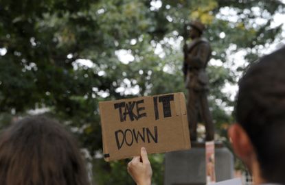 Protestors near the Silent Sam statue