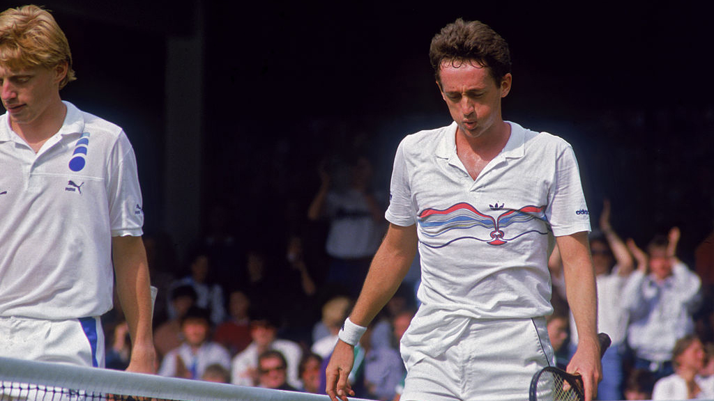 Peter Doohan and Boris Becker on court