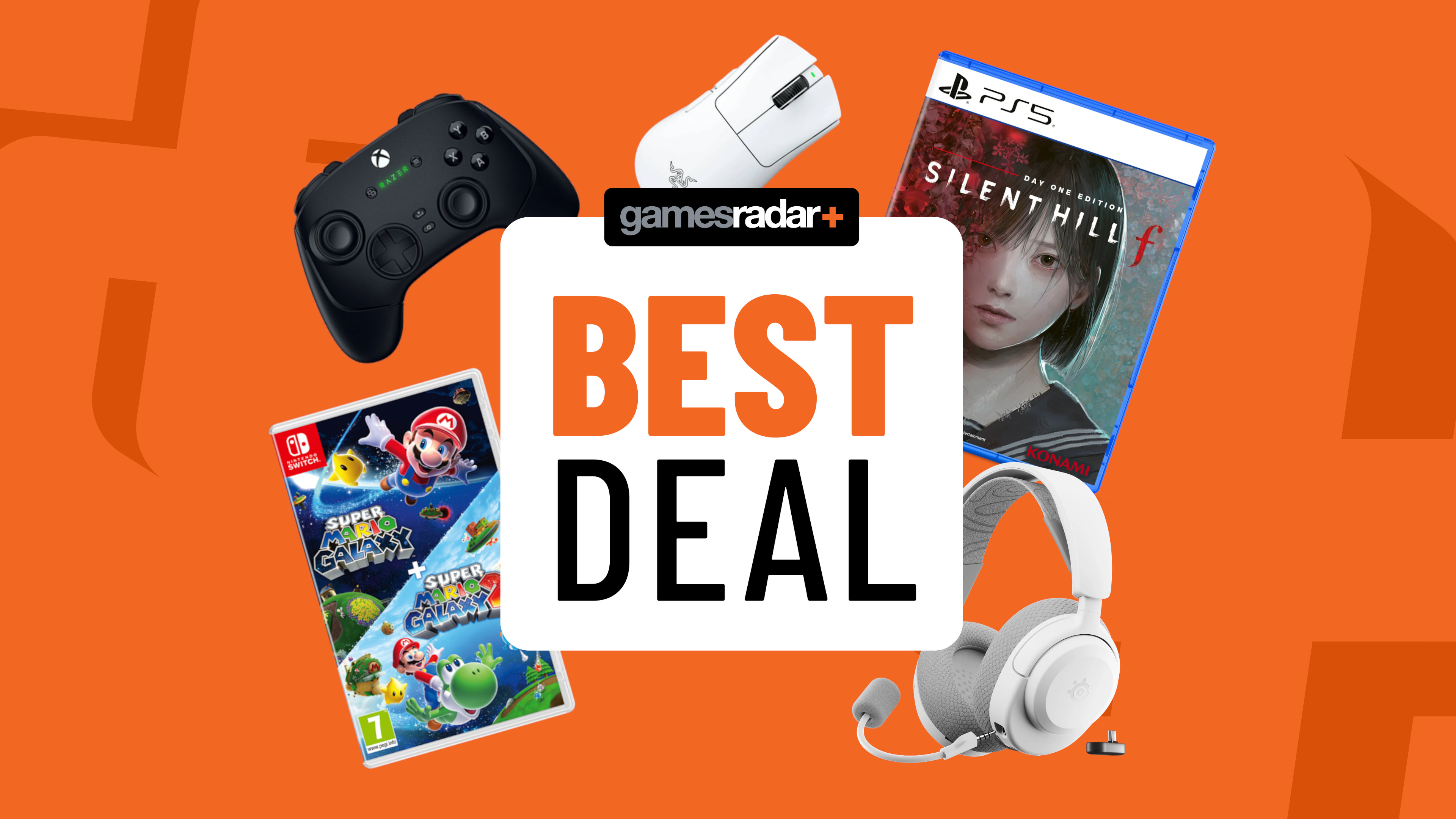 PC and Xbox gaming accessories with PS5 and Nintendo Switch games on an orange background with best deal badge