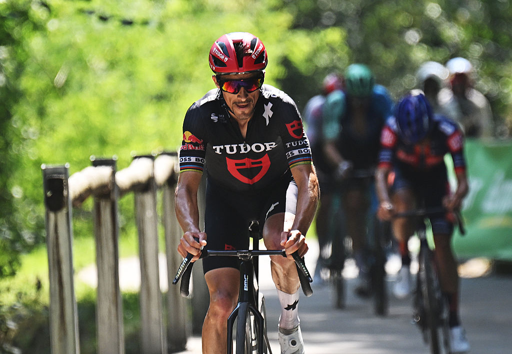 SANTA MARIA IN CALANCA, SWITZERLAND - JUNE 19: Julian Alaphilippe of France and Team Tudor Pro Cycling attacks during the 88th Tour de Suisse, Stage 5 a 183.8km stage from La Punt to Santa Maria in Calanca 941m / #UCIWT / on June 19, 2025 in Santa Maria in Calanca, Switzerland. (Photo by Tim de Waele/Getty Images)