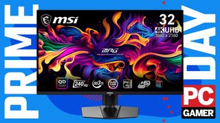 MSI's QD-OLED monitor sat floating in a PC Gamer Prime Day deals background