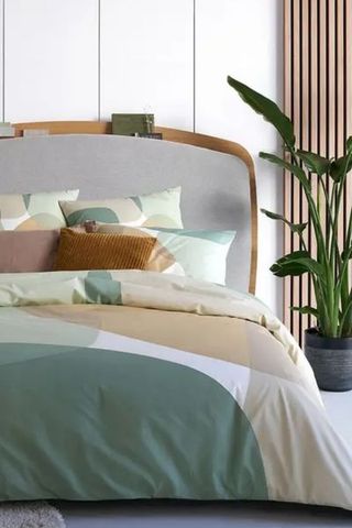 Abstract pastel bedding on bed with matching pillows and plant in the background