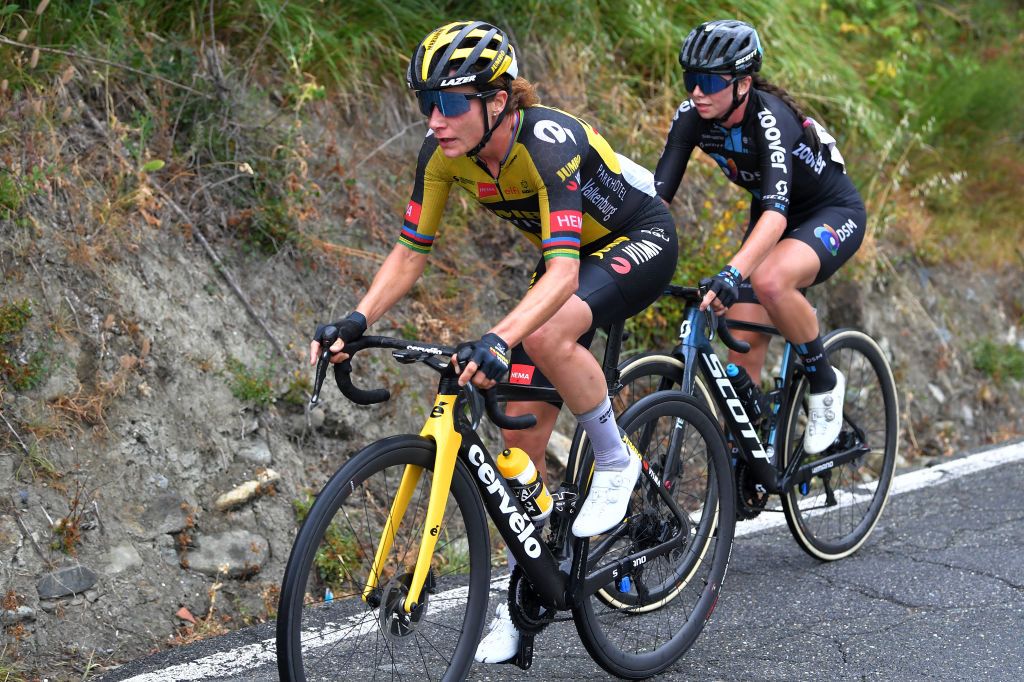 OVADA ITALY JULY 04 Marianne Vos of Netherlands and Jumbo Visma Team Liane Lippert of Germany and Team DSM in breakaway during the 32nd Giro dItalia Internazionale Femminile 2021 Stage 3 a 135km stage from Casale Monferrato to Ovada GiroDonne UCIWWT on July 04 2021 in Ovada Italy Photo by Luc ClaessenGetty Images