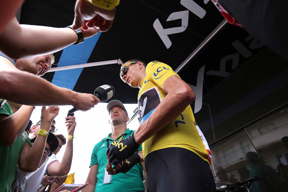 Chris Froome answers questions from the press.