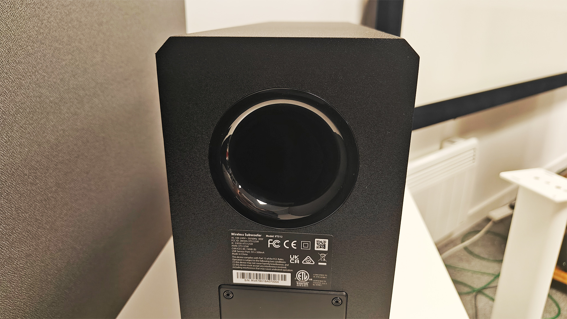 Valerion Thunderbeat 4.1.2 surround sound system back of speaker showing rear port