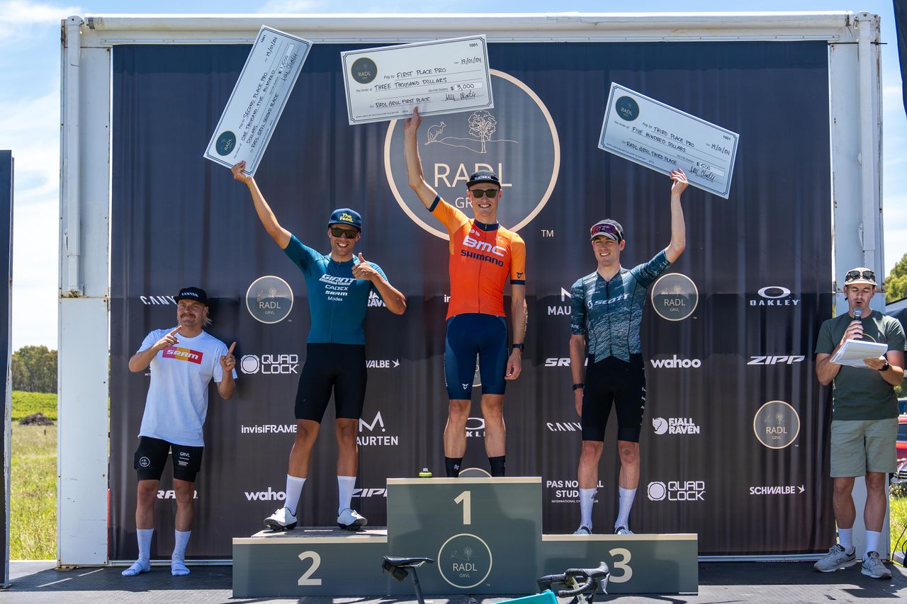 Men's podium of the first edition of RADL GRVL in 2024: First Tasman Nankervis (BMC Shimano), second Brendan 'Trekky' Johnston (Giant) and third Adam Blazevic