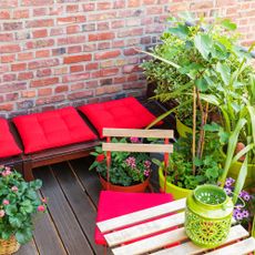 Benches with red pillows, next to herbs and flowers cultivated in balcony garden 