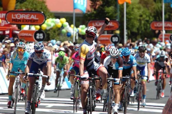 Andre Greipel (Lotto Belisol) beat Arnaud Demare (FDJ) and Mark Renshaw (Blanco Pro Cycling) on stage 1 of the Tour Down Under.