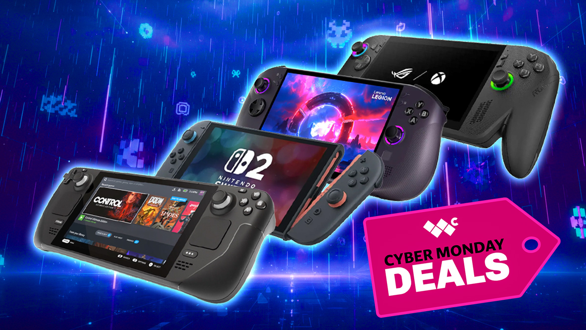 A Steam Deck, Nintendo Switch 2, Legion Go S, and Xbox Ally X laying against each other and floating on a blue background.