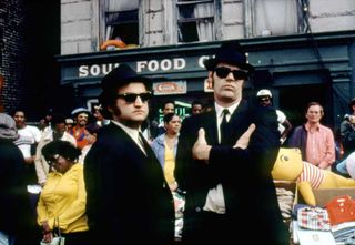 John Belushi and Dan Aykroyd on the set of The Blues Brothers