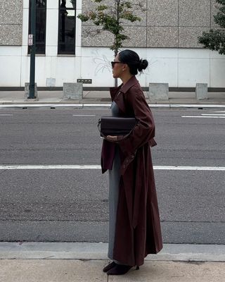 @dawn.tan wearing grey knit dress with burgundy trench