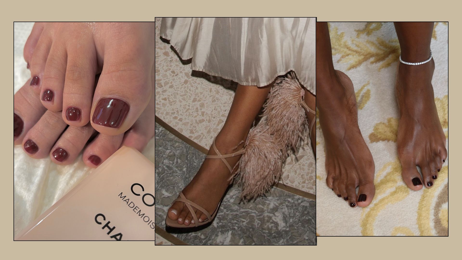 A collage with pictures of party-season pedicures