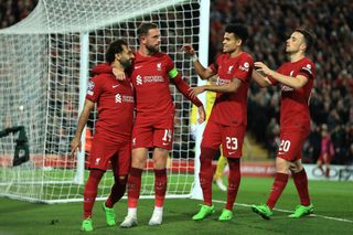 Liverpool's new formation explained: Mohamed Salah of Liverpool celebrates scoring their 2nd goal from the penalty with Jordan Henderson, Luis Diaz and Diogo Jota spot during the UEFA Champions League group A match between Liverpool FC and Rangers FC at Anfield on October 4, 2022 in Liverpool, United Kingdom.