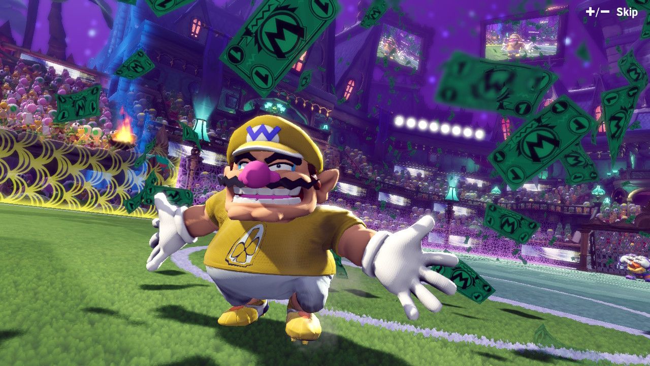 Wario celebration in Mario Strikers: Battle League