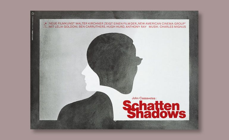 Schatten Shadows poster with two silhouette faces juxtaposed together. 