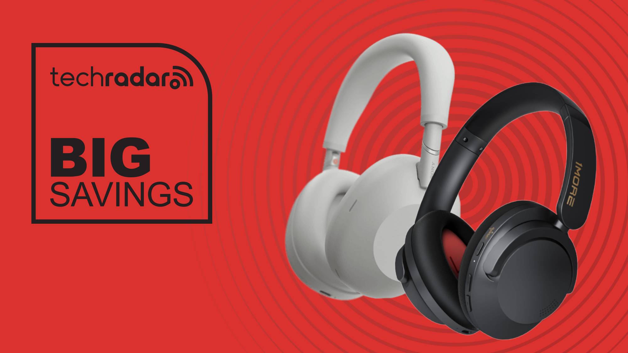 1More Sonoflow Pro HQ51 and Sony WH-1000XM6 headphones on a red background with the words &#039;TechRadar: big savings&#039;