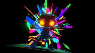 Psychonauts 2's Raz wearing goggles with glowing orange eyes. A multicoloured spark of light emanates from behind him