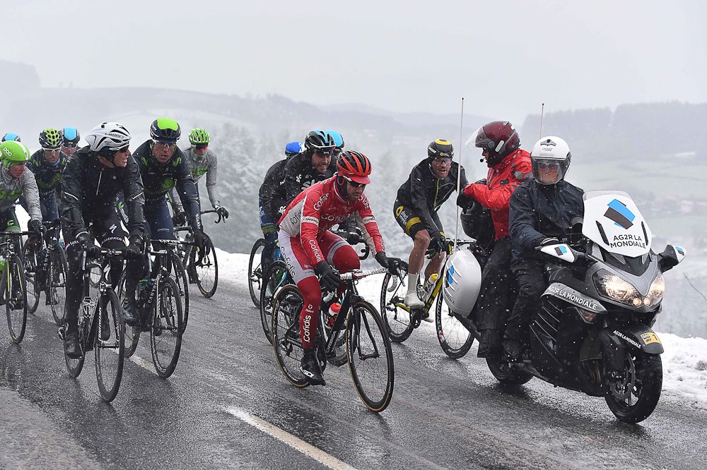 Niki Terpstra, Nacer Bouhanni and Luke Rowe at the front of the pack during stage 3 at Paris-Nice