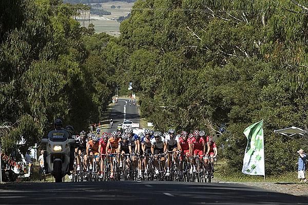 The peloton in the men's under 23 road race climb Mt.Buninyong early into the 122.4 km race.