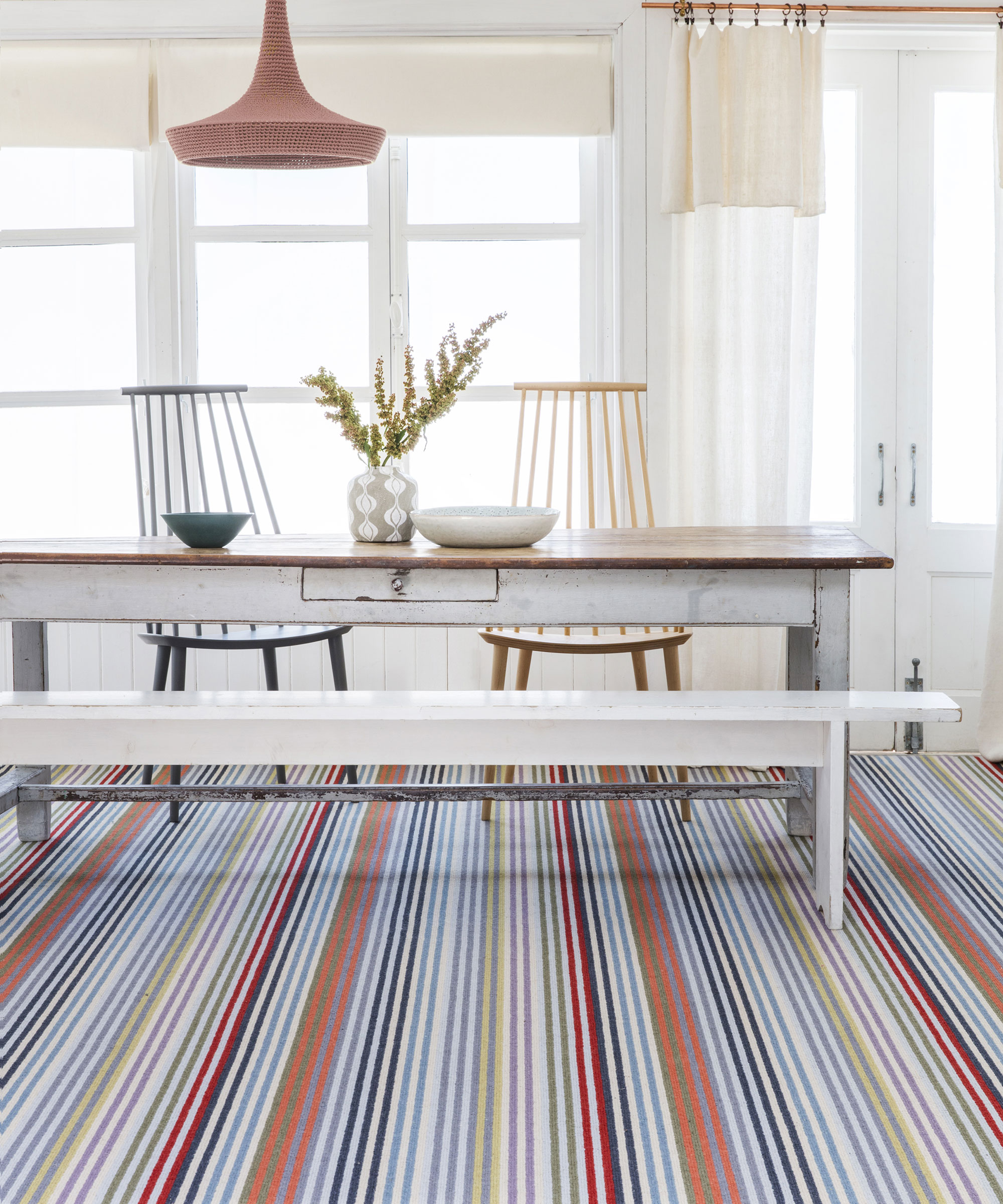 striped carpet in dining room