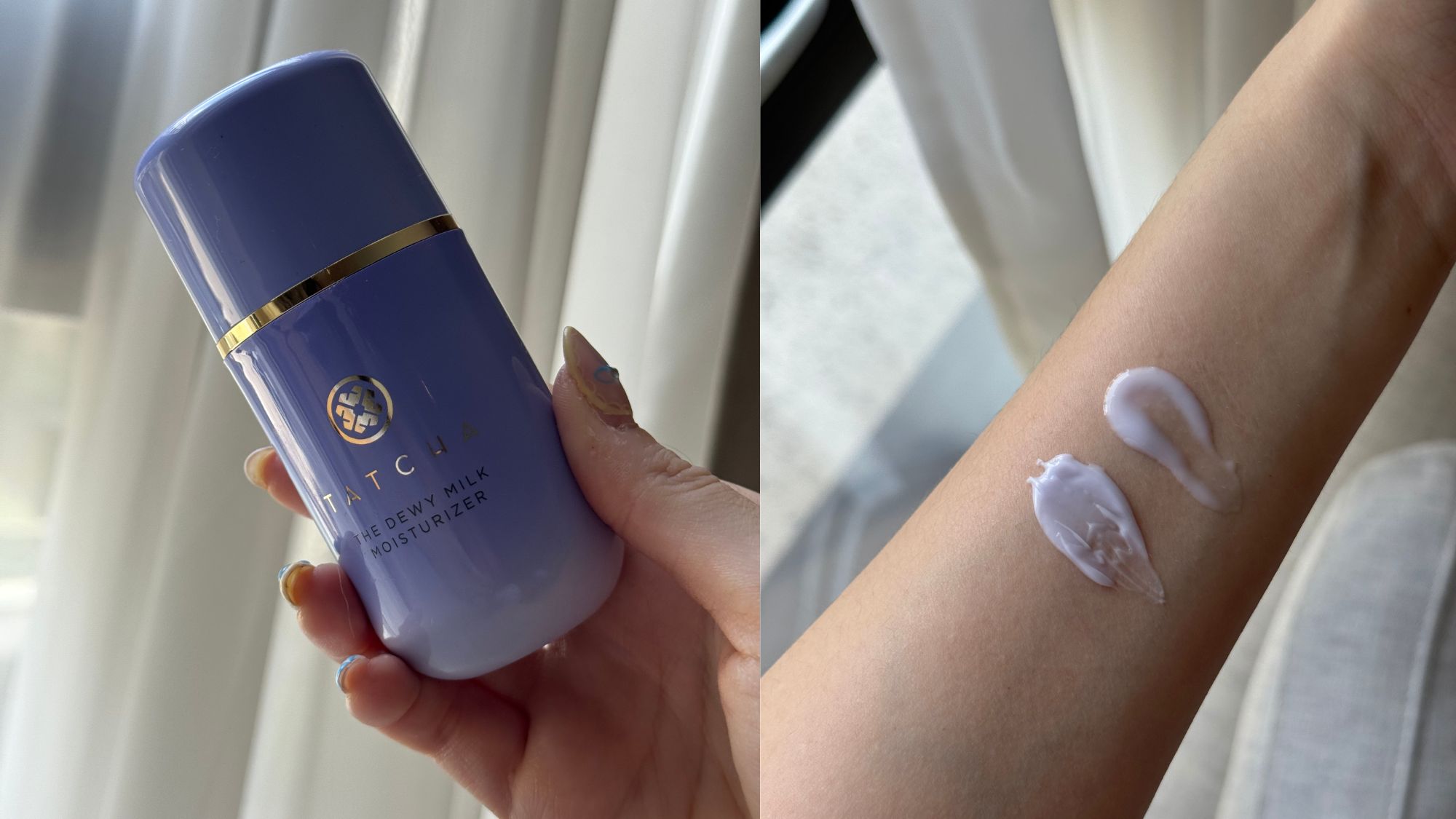 Denise Primbet testing the Tatcha Dewy Milk Moisturiser