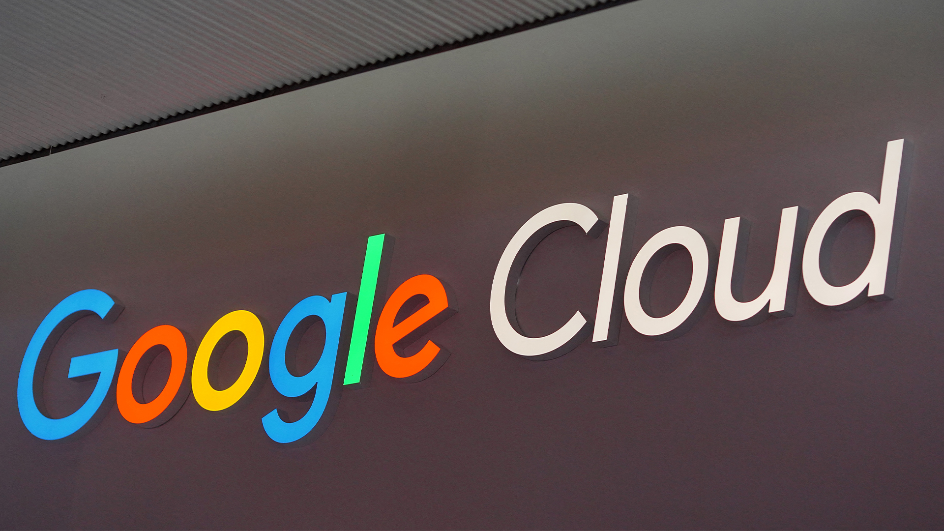Google Cloud logo and branding pictured on a sign at Mobile World Congress in Barcelona.