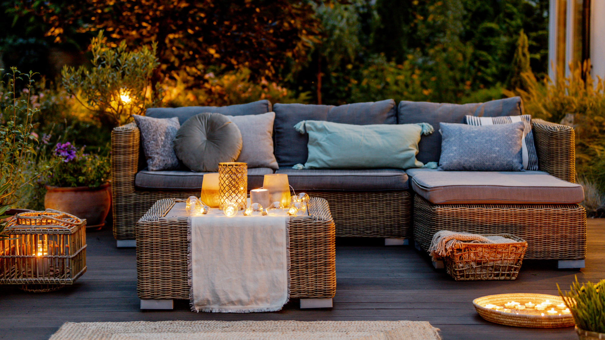 cozy patio with couch and lights 