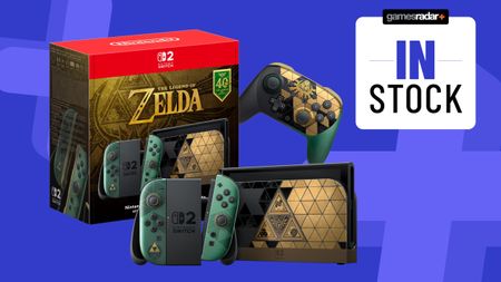 40th Anniversary Legend of Zelda Nintendo Switch 2 and Pro Controller on a blue background with in stock badge