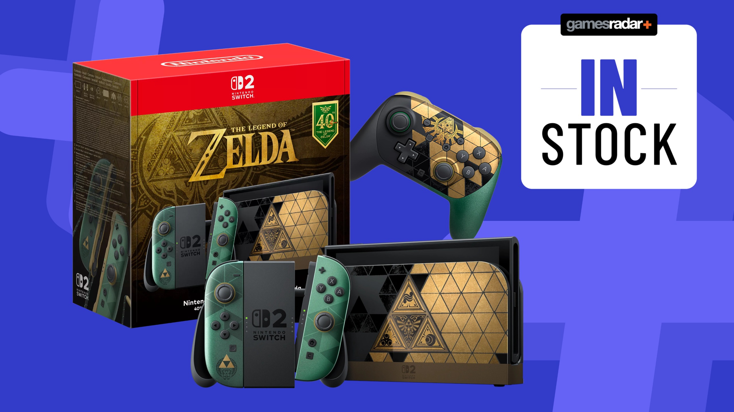 40th Anniversary Legend of Zelda Nintendo Switch 2 and Pro Controller on a blue background with in stock badge