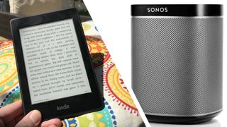 An Amazon Kindle Paperwhite and a Sonos Play:1 speaker