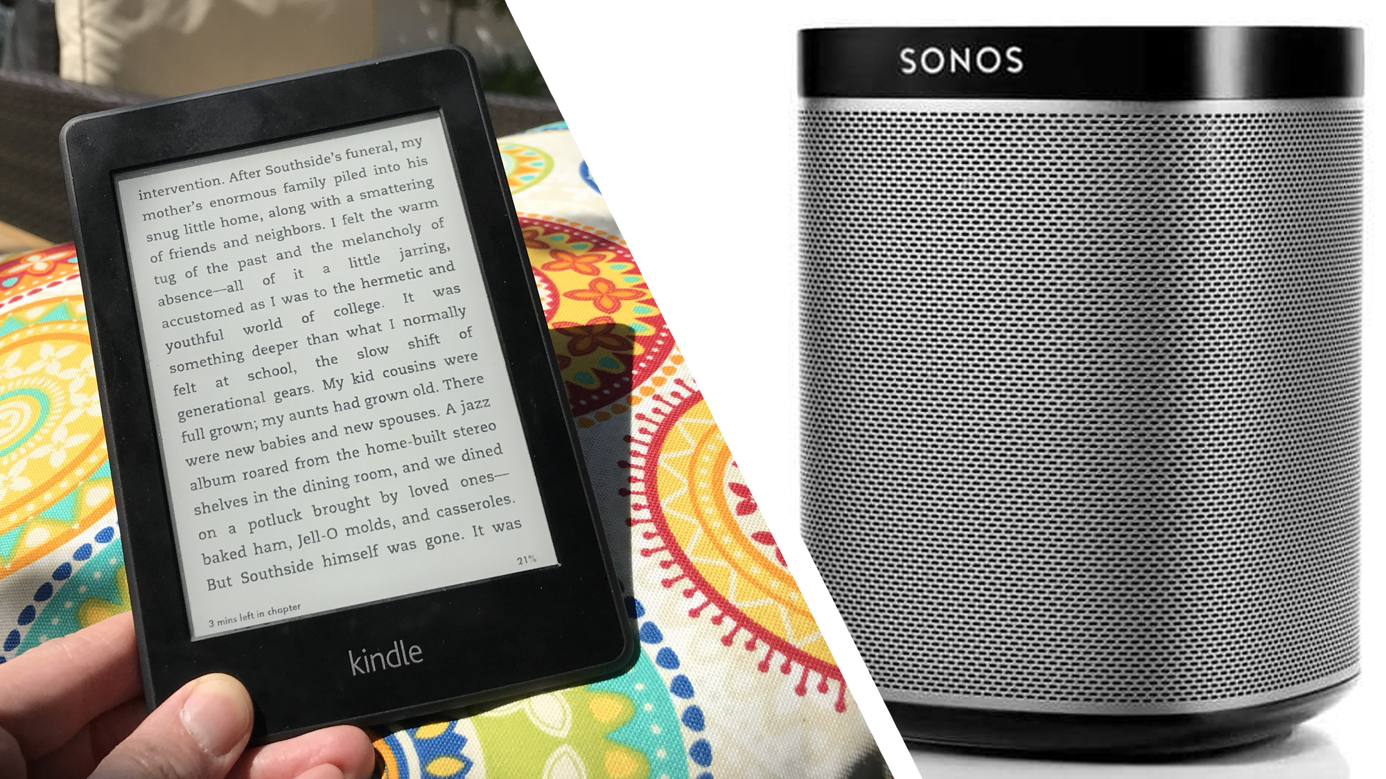 An Amazon Kindle Paperwhite and a Sonos Play:1 speaker