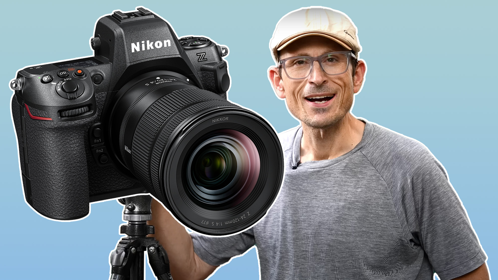Cutout of YouTuber, Matt Granger, on a blue background next to a cutout of the Nikon Z8 