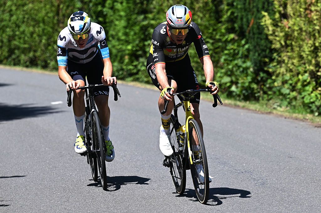 VIRE NORMANDIE, FRANCE - JULY 10: (L-R) Pablo Castrillo of Spain and Team Movistar and Wout Van Aert of Belgium and Team Visma | Lease a Bike compete during the 112th Tour de France, Stage 6 a 201.5km stage from Bayeux to Vire Normandie / #UCIWT / on July 10, 2025 in Vire Normandie, France. (Photo by Tim de Waele/Getty Images)