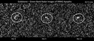 These NASA radar images show the asteroid Apophis on March 8, 9 and 10 as it passed within 10.6 million miles (17 million kilometers) of Earth in a 2021 flyby.