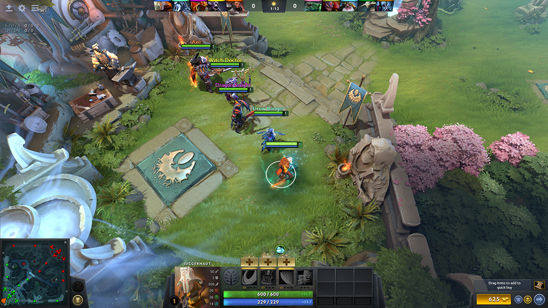 Characters lined up for battle on what looks like castle grounds in Dota 2
